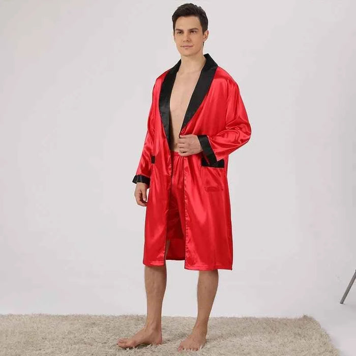 Men Satin Robe Set Long Sleeve 2pcs Robe & Shorts Sleep Set Silky Set