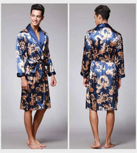 Men Silk Satin Golden Dragon Dressing Gown Knee Length Kimono Robe.