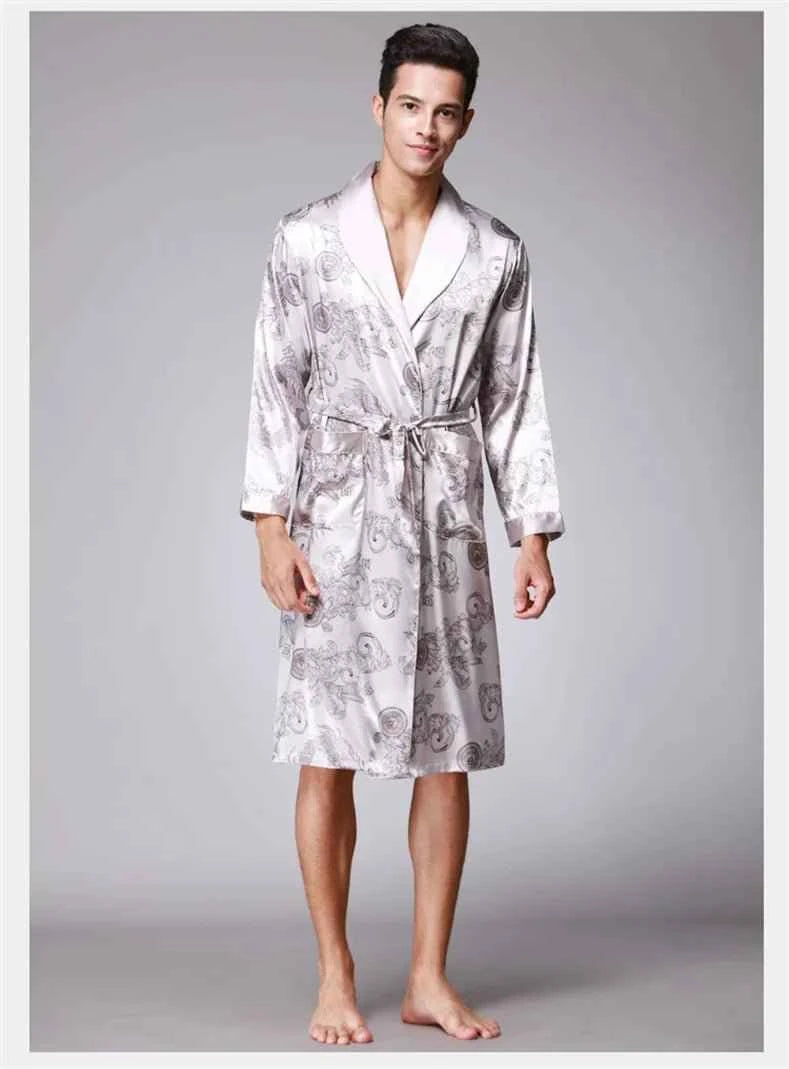 Men Silk Satin Golden Dragon Dressing Gown Knee Length Kimono Robe.