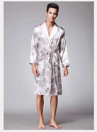Men Silk Satin Golden Dragon Dressing Gown Knee Length Kimono Robe.