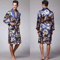 Men Silk Satin Golden Dragon Dressing Gown Knee Length Kimono Robe.