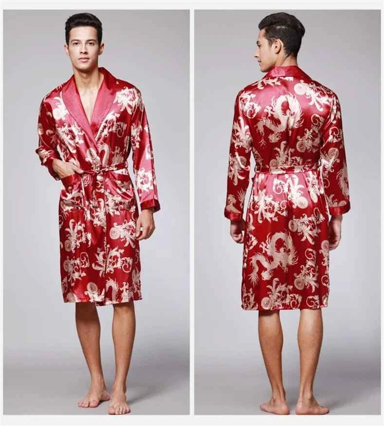 Men Silk Satin Golden Dragon Dressing Gown Knee Length Kimono Robe.