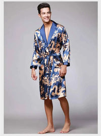 Men Silk Satin Golden Dragon Dressing Gown Knee Length Kimono Robe.