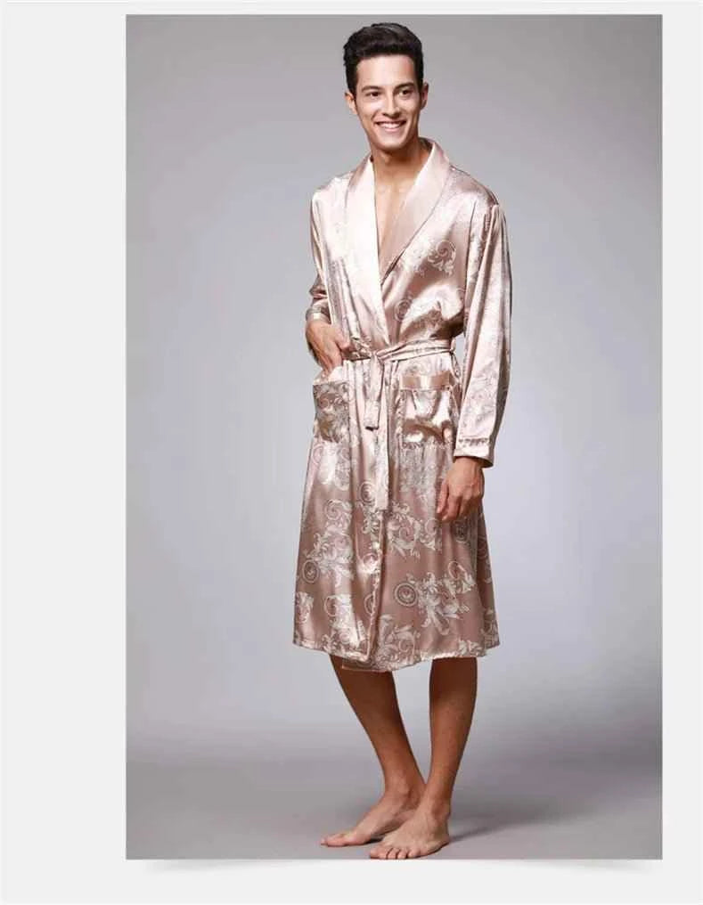 Men Silk Satin Golden Dragon Dressing Gown Knee Length Kimono Robe.