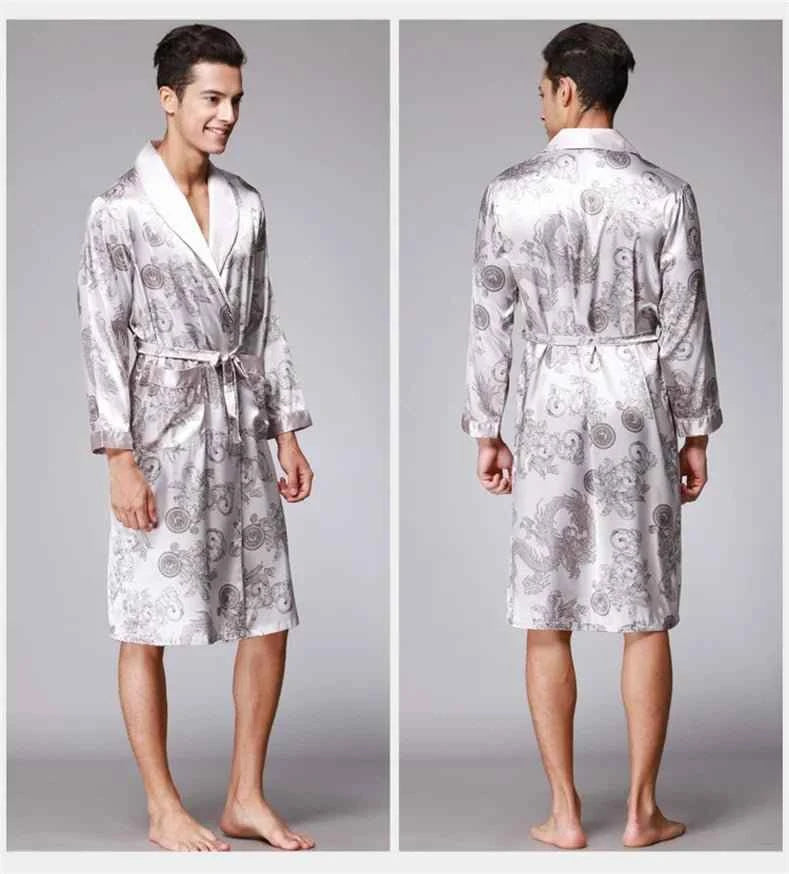Men Silk Satin Golden Dragon Dressing Gown Knee Length Kimono Robe.