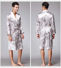 Men Silk Satin Golden Dragon Dressing Gown Knee Length Kimono Robe.