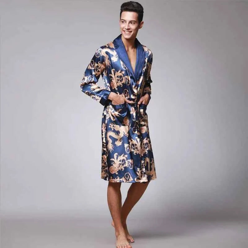 Men Silk Satin Golden Dragon Dressing Gown Knee Length Kimono Robe.