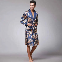 Men Silk Satin Golden Dragon Dressing Gown Knee Length Kimono Robe.