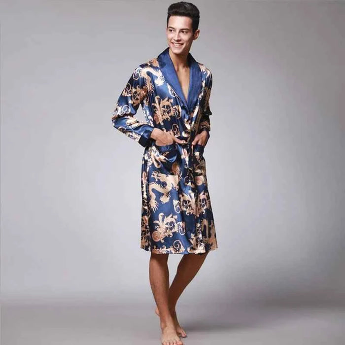 Men Silk Satin Golden Dragon Dressing Gown Knee Length Kimono Robe.