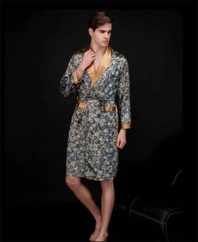 Men Silk Satin Golden Dragon Dressing Gown Knee Length Kimono Robe.