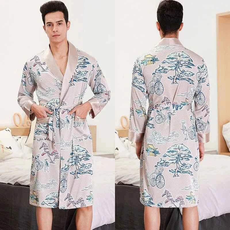 Men Silk Satin Golden Dragon Dressing Gown Knee Length Kimono Robe.