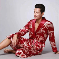 Men Silk Satin Golden Dragon Dressing Gown Knee Length Kimono Robe.