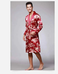 Men Silk Satin Golden Dragon Dressing Gown Knee Length Kimono Robe.