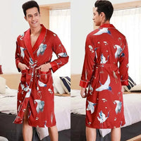 Men Silk Satin Golden Dragon Dressing Gown Knee Length Kimono Robe.