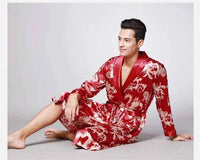 Men Silk Satin Golden Dragon Dressing Gown Knee Length Kimono Robe.