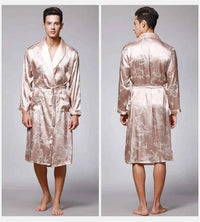Men Silk Satin Golden Dragon Dressing Gown Knee Length Kimono Robe.