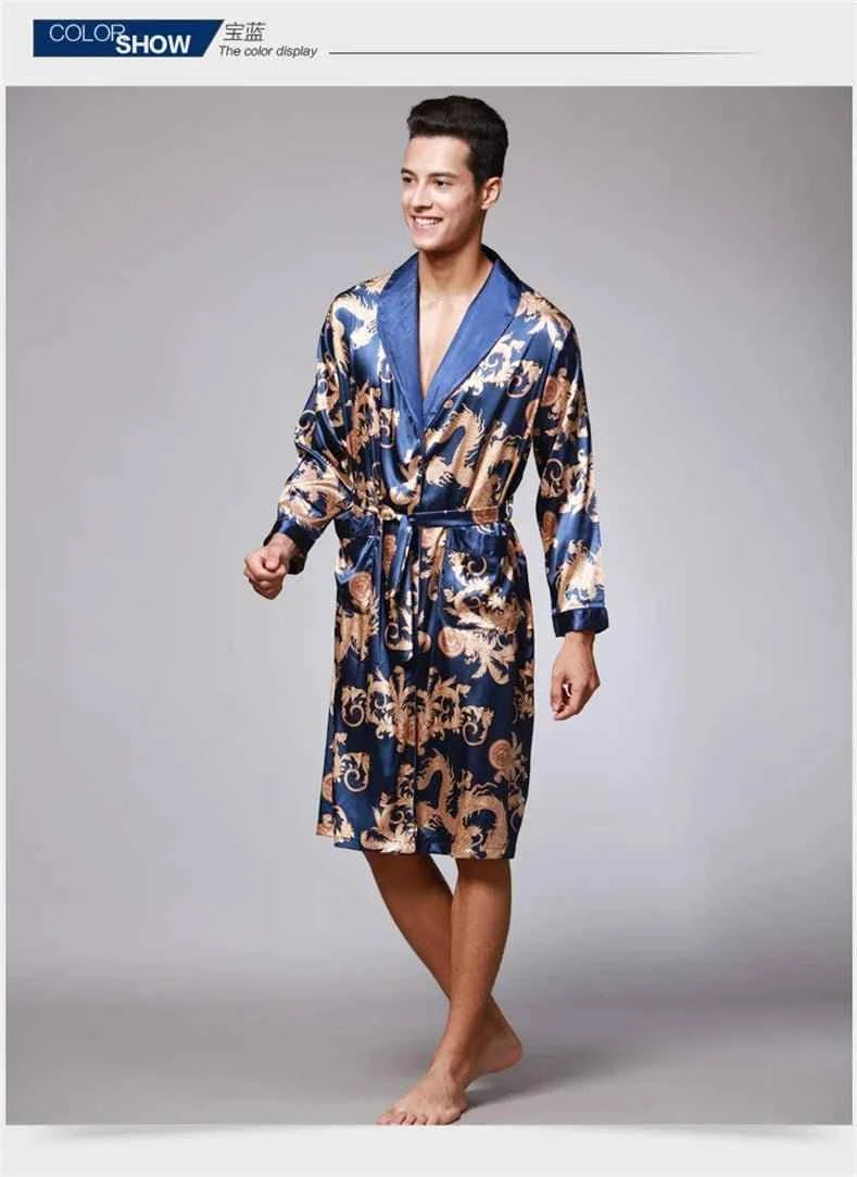 Men Silk Satin Golden Dragon Dressing Gown Knee Length Kimono Robe.