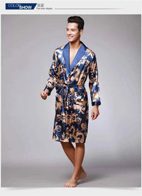 Men Silk Satin Golden Dragon Dressing Gown Knee Length Kimono Robe.