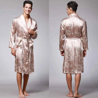Men Silk Satin Golden Dragon Dressing Gown Knee Length Kimono Robe.