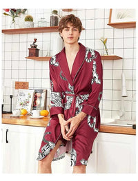 Men Silk Satin Golden Dragon Dressing Gown Knee Length Kimono Robe.