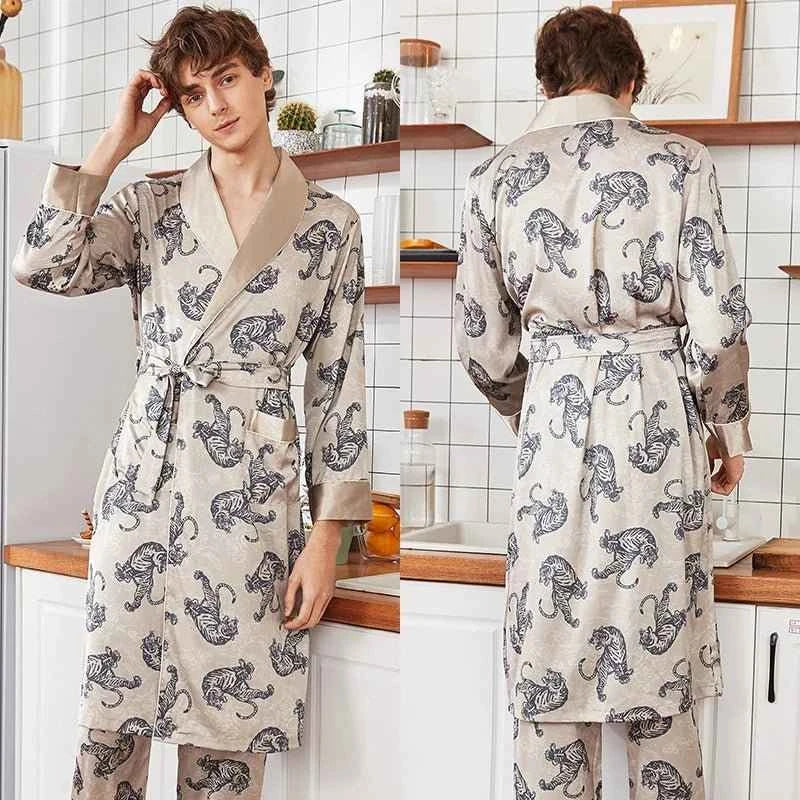 Men Silk Satin Golden Dragon Dressing Gown Knee Length Kimono Robe.