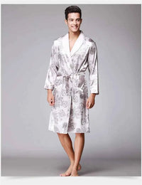 Men Silk Satin Golden Dragon Dressing Gown Knee Length Kimono Robe.