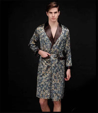 Men Silk Satin Golden Dragon Dressing Gown Knee Length Kimono Robe.