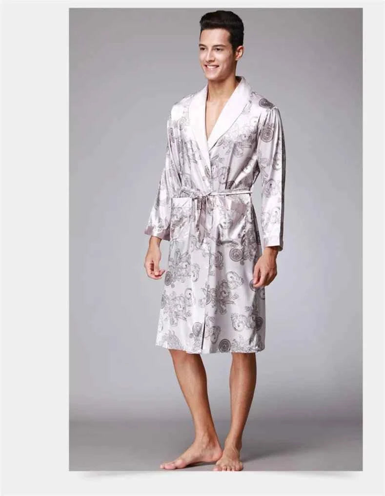Men Silk Satin Golden Dragon Dressing Gown Knee Length Kimono Robe.