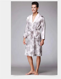 Men Silk Satin Golden Dragon Dressing Gown Knee Length Kimono Robe.