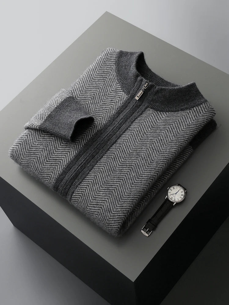 SaneShoppe - Men Zippers 100% Merino Wool Sweater Cardigan Pants Sets Autumn Winter Knitted Thick Herringbone Color Blocking Pencil Trousers