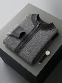 SaneShoppe - Men Zippers 100% Merino Wool Sweater Cardigan Pants Sets Autumn Winter Knitted Thick Herringbone Color Blocking Pencil Trousers