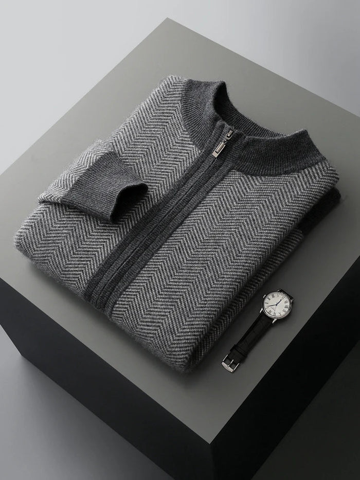 SaneShoppe - Men Zippers 100% Merino Wool Sweater Cardigan Pants Sets Autumn Winter Knitted Thick Herringbone Color Blocking Pencil Trousers