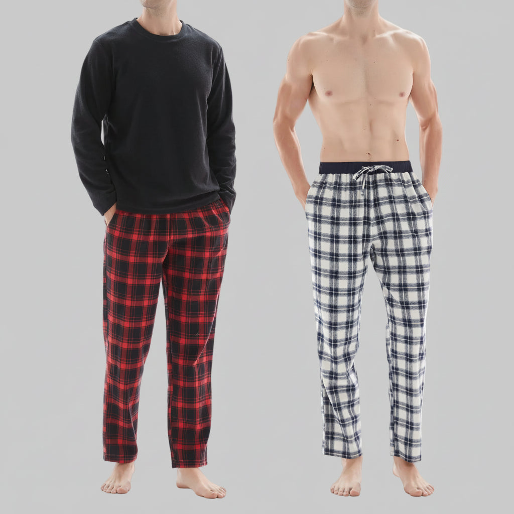 SaneShoppe-Men's Check Cotton Pyjama Set with Fleece Top, 3-Piece White/Red