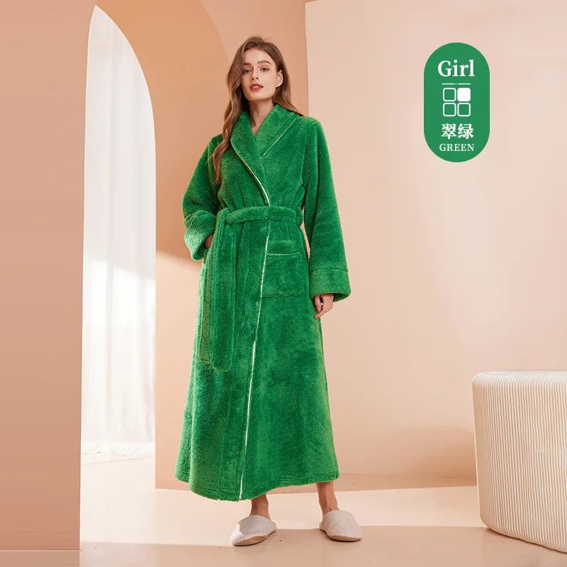 SaneShoppe - Men's and Women's Styles Winter Bathrobe Long Sleeve Warm Turn Down Collar Fluffy Bath Robe with Sashes Solid Fleece Gown 2025