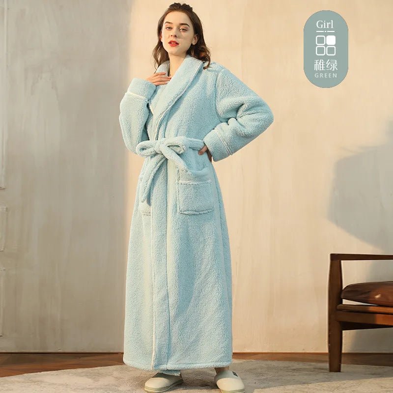 SaneShoppe - Men's and Women's Styles Winter Bathrobe Long Sleeve Warm Turn Down Collar Fluffy Bath Robe with Sashes Solid Fleece Gown 2025