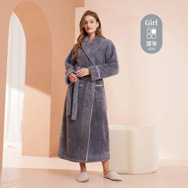 SaneShoppe - Men's and Women's Styles Winter Bathrobe Long Sleeve Warm Turn Down Collar Fluffy Bath Robe with Sashes Solid Fleece Gown 2025