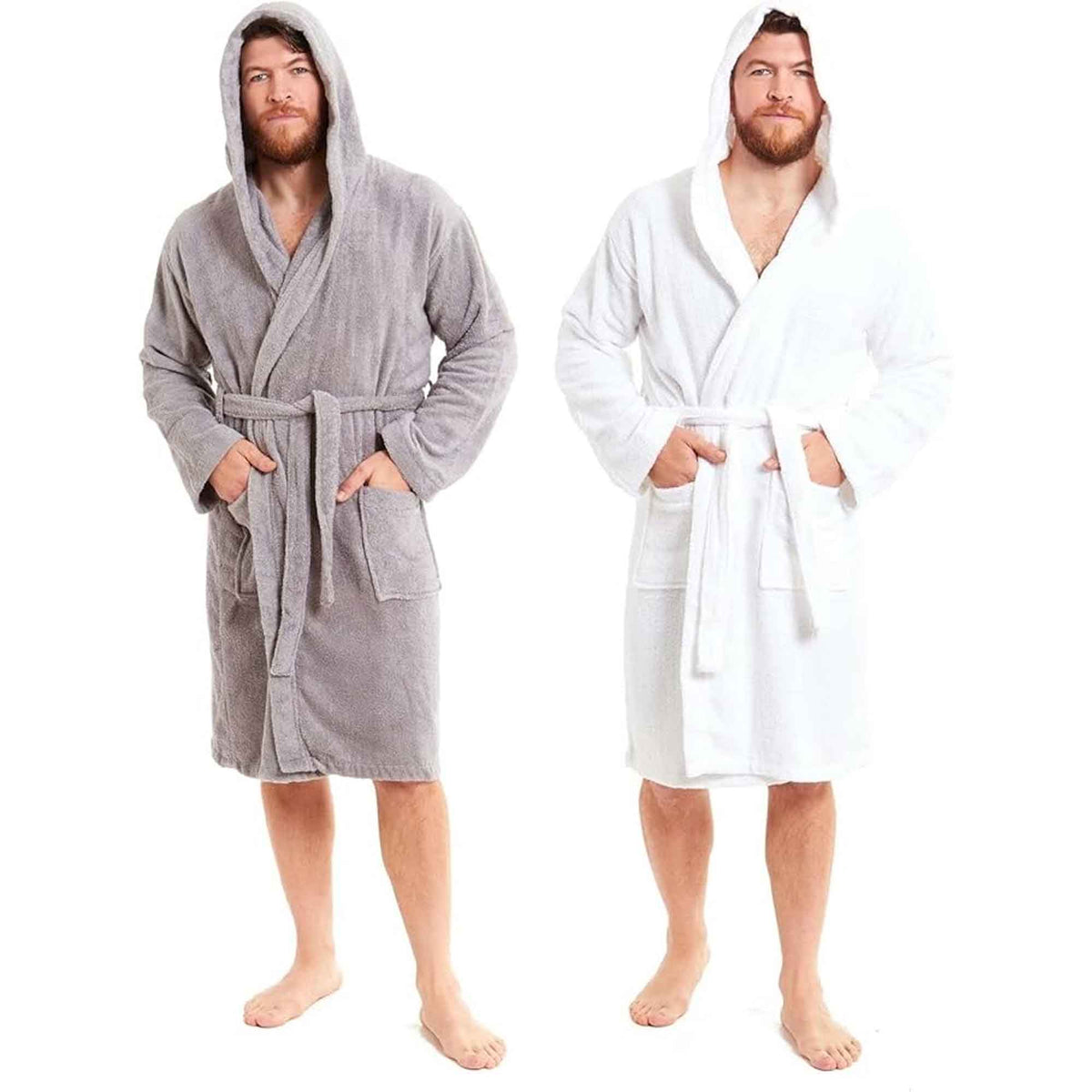 SaneShoppe - Men's Bamboo Hooded Bath Robe Ultra Absorbent Towelling Dressing Gown for Hotels Gyms Spas with Soft Breathable Cotton Blend Quick Dry Grey White by Toro Rocco