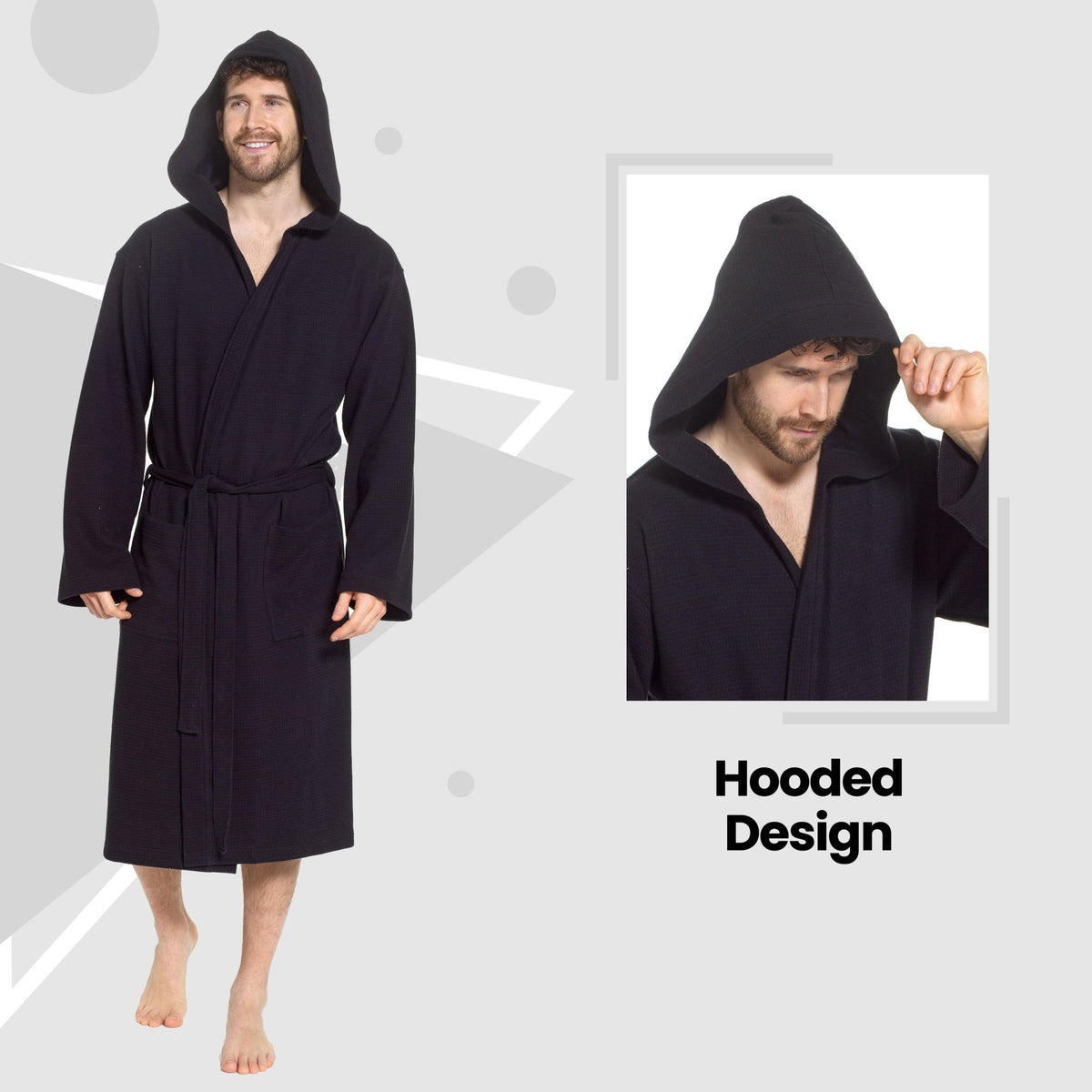 SaneShoppe - Men’s Hooded Waffle Cotton Bathrobe Black Super Absorbent Spa Robe Luxury Dressing Gown for Home & Loungewear by Sock Stack