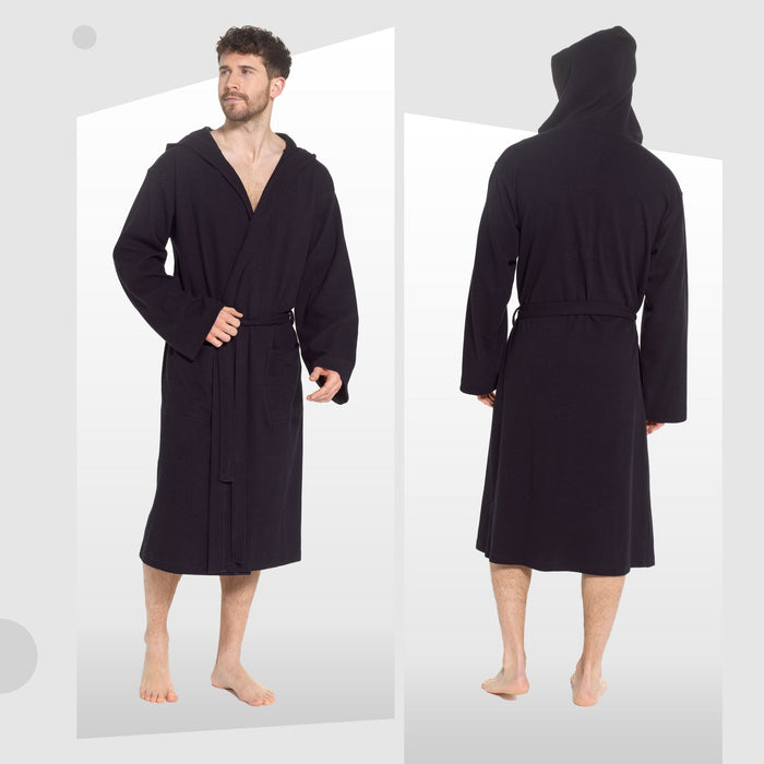 SaneShoppe - Men’s Hooded Waffle Cotton Bathrobe Black Super Absorbent Spa Robe Luxury Dressing Gown for Home & Loungewear by Sock Stack
