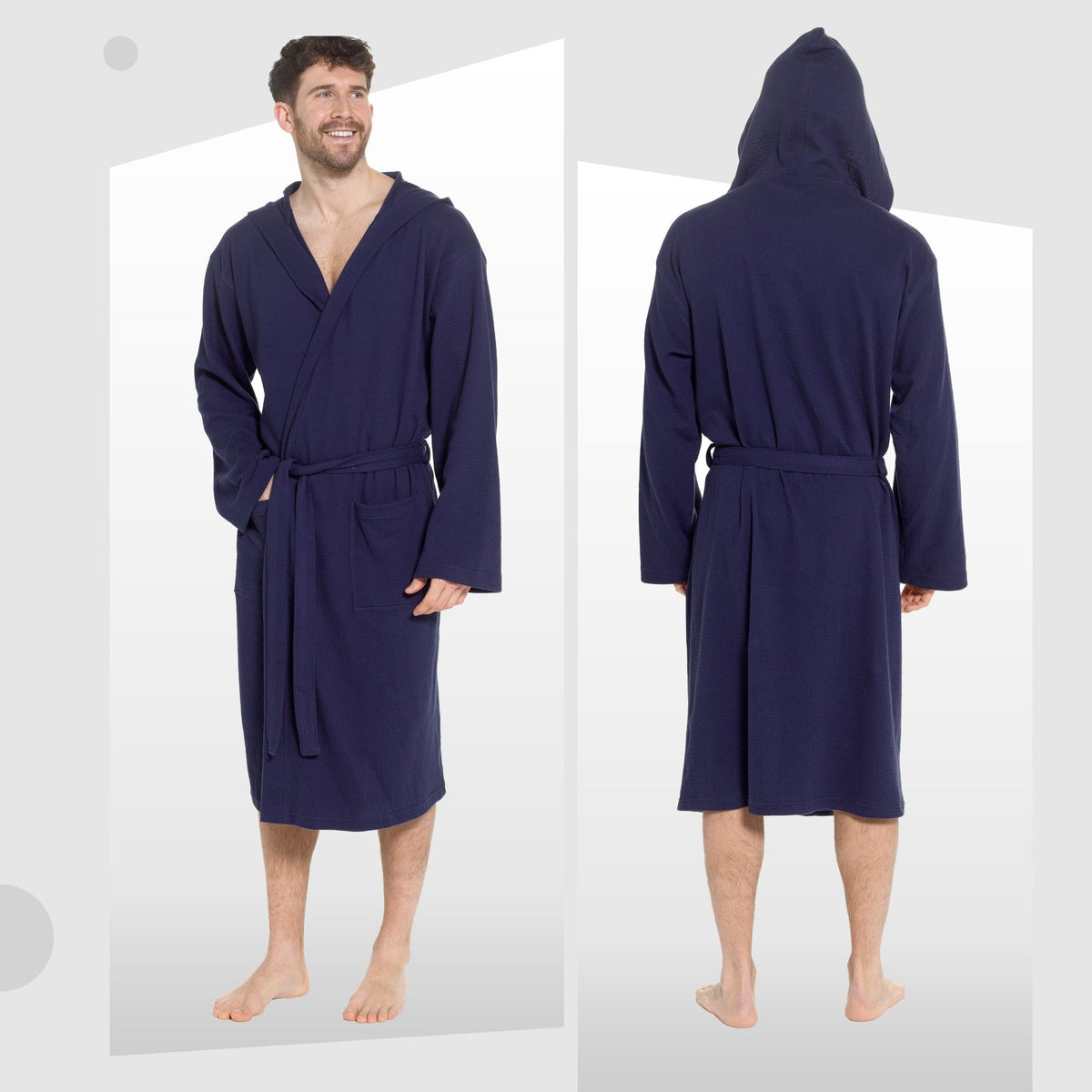 SaneShoppe - Men’s Hooded Waffle Cotton Bathrobe Navy Super Absorbent Spa Robe Luxury Dressing Gown for Home & Loungewear by Sock Stack