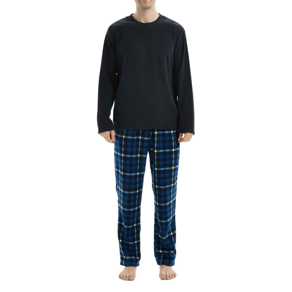Luxury Design Mens Navy Check Fleece PJs - Warm Winter Pyjama Set