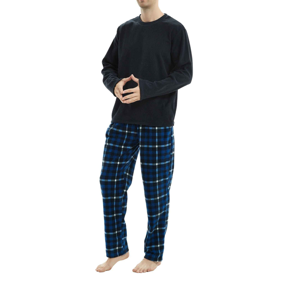 Luxury Design Mens Navy Check Fleece PJs - Warm Winter Pyjama Set