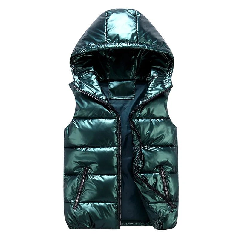 SaneShoppe - Men's Sleeveless Jacket Fashion Shiny Vest Winter Warm Hood Pockets Cotton Padded Husband Red Black Autumn Down Waistcoat Male