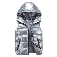 SaneShoppe - Men's Sleeveless Jacket Fashion Shiny Vest Winter Warm Hood Pockets Cotton Padded Husband Red Black Autumn Down Waistcoat Male