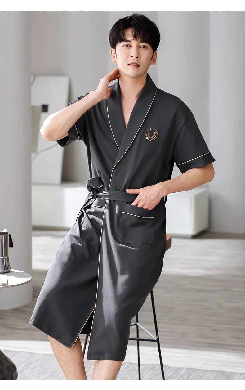 Men's Soft Cotton Bathrobe Dark Grey Half Sleeve Solid Robe Big Size 4XL