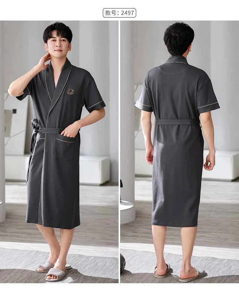 Men's Soft Cotton Bathrobe Dark Grey Half Sleeve Solid Robe Big Size 4XL