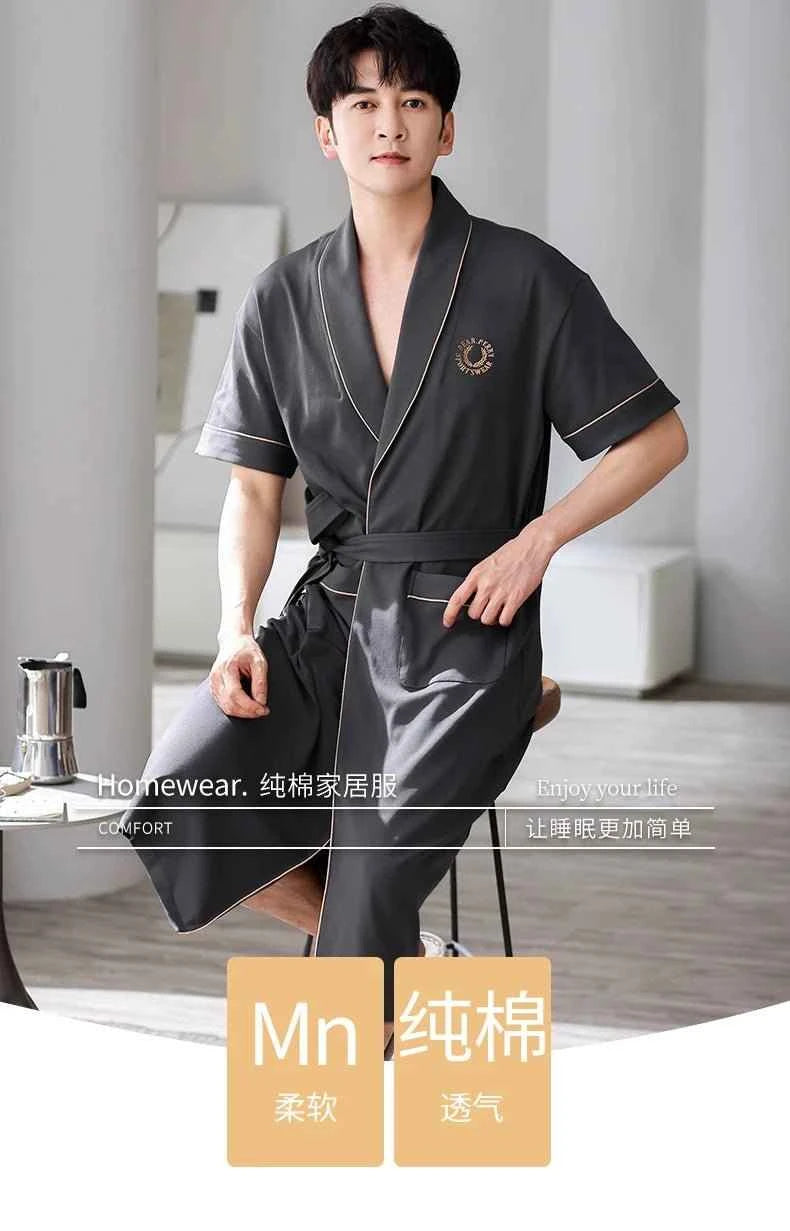 Men's Soft Cotton Bathrobe Dark Grey Half Sleeve Solid Robe Big Size 4XL