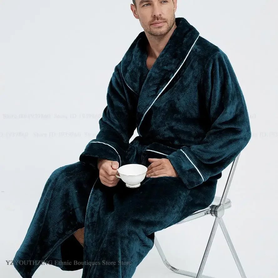 SaneShoppe-Men's Cozy Flannel Robe, Plush Coral Fleece, Warm Home Comfort