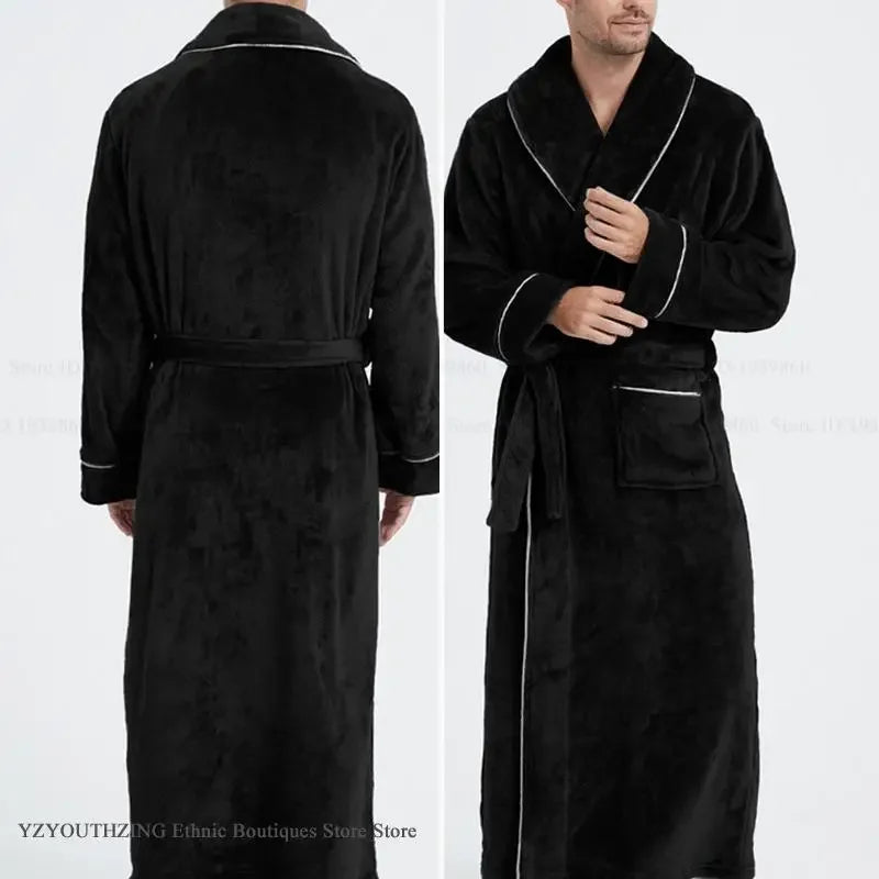 SaneShoppe-Men's Cozy Flannel Robe, Plush Coral Fleece, Warm Home Comfort