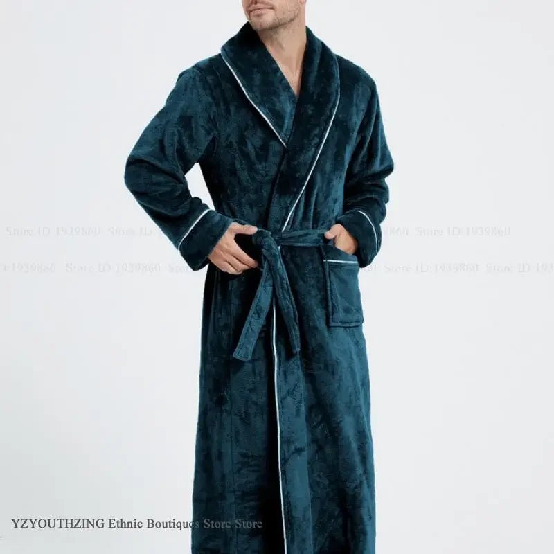 SaneShoppe-Men's Cozy Flannel Robe, Plush Coral Fleece, Warm Home Comfort